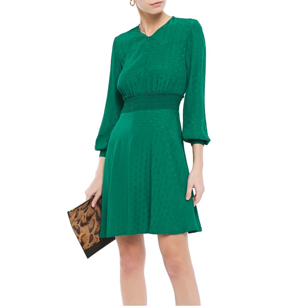 Sandro Green Satin Long Sleeve Mini Dress with Zipper Collar, Size Small